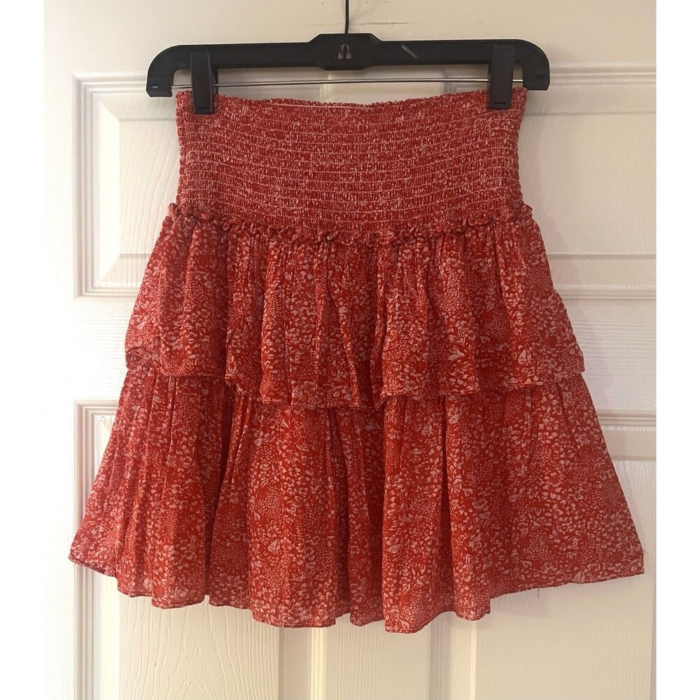 Anthropologie Smocked Tiered Mini Skirt Red Floral Ruffle Boho Small S EUC